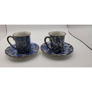 2 Blue and Brown Floral Patterned Speckled Demitasse Espresso cups with saucers